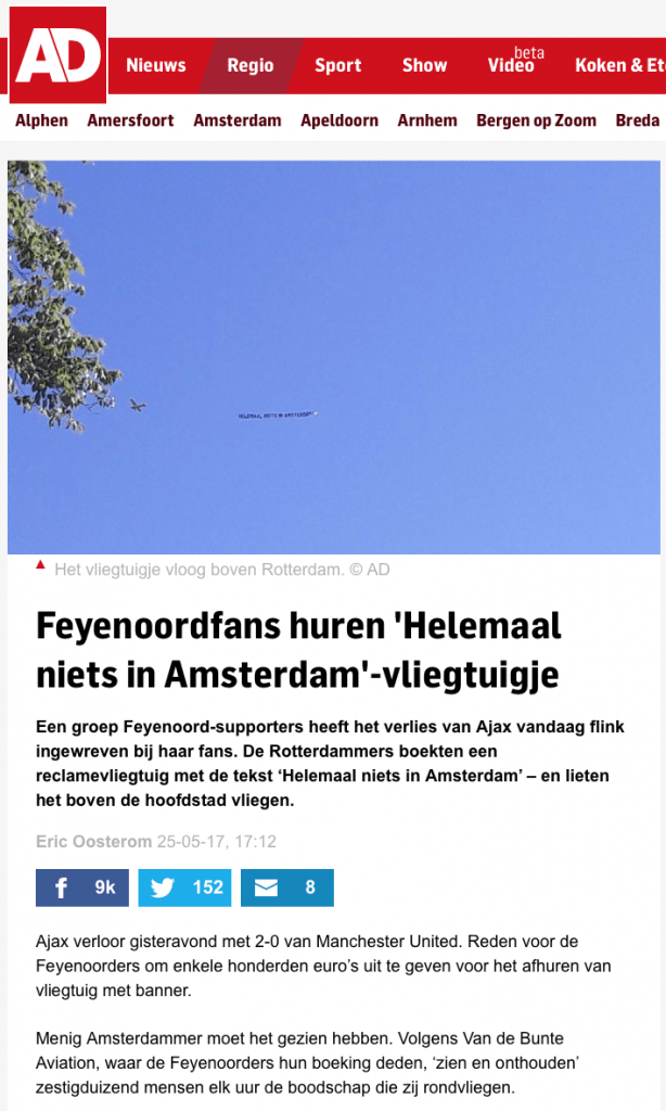 AD Feyenoordfans huren Helemaal niets in Amsterdam-vliegtuigje